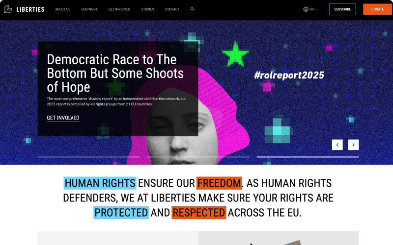 Homepage of the Liberties multilingual digital rights platform